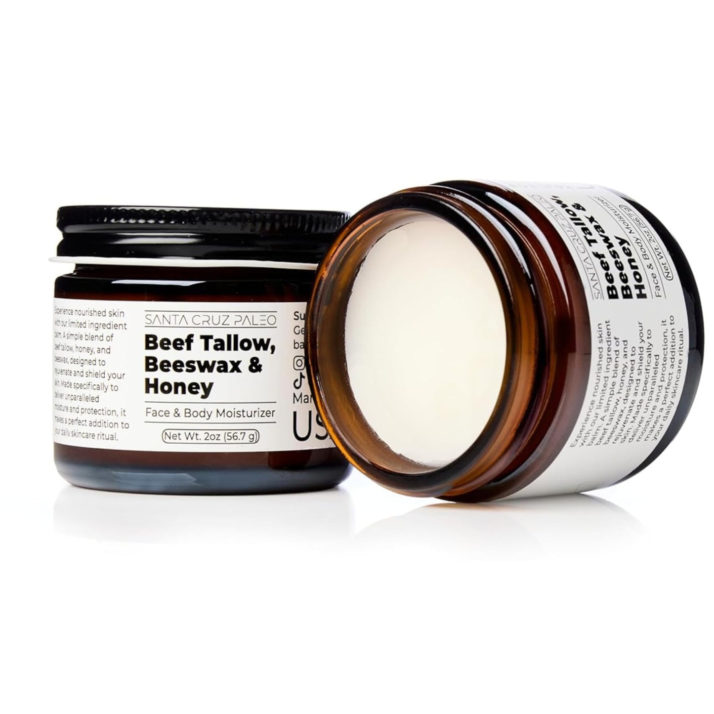 Santa Cruz Paleo, Beef Tallow, Beeswax & Honey Face Moisturizer, Organic, Unscented Grassfed Beef Tallow Skin Care, Sunscreen Free