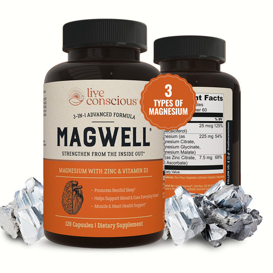 Live Conscious Magwell Magnesium Zinc & Vitamin D3 - Magnesium Glycinate, Malate, & Citrate - Triple Supplement for Women & Men - for Sleep, Bone, Heart, Immune Support - 120 Caps Live ConsciousBuy Supplements Australia