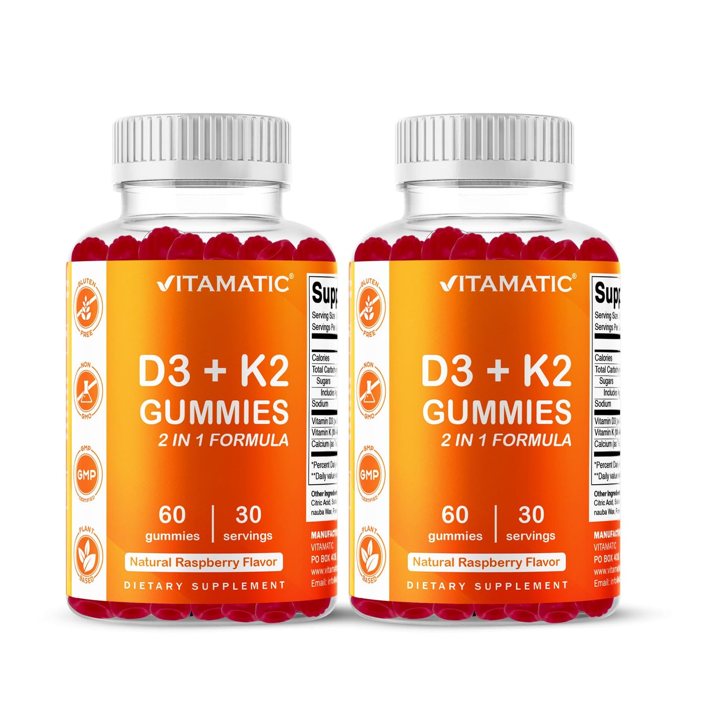 Vitamatic Vitamin D3 & K2 Gummies (2-Pack, 60 Count) Supports Healthy Bones, Heart Health, Calcium Absorption,