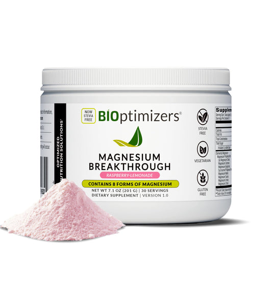 BioOptimizers Magnesium Breakthrough supplement with pink powder on a white background