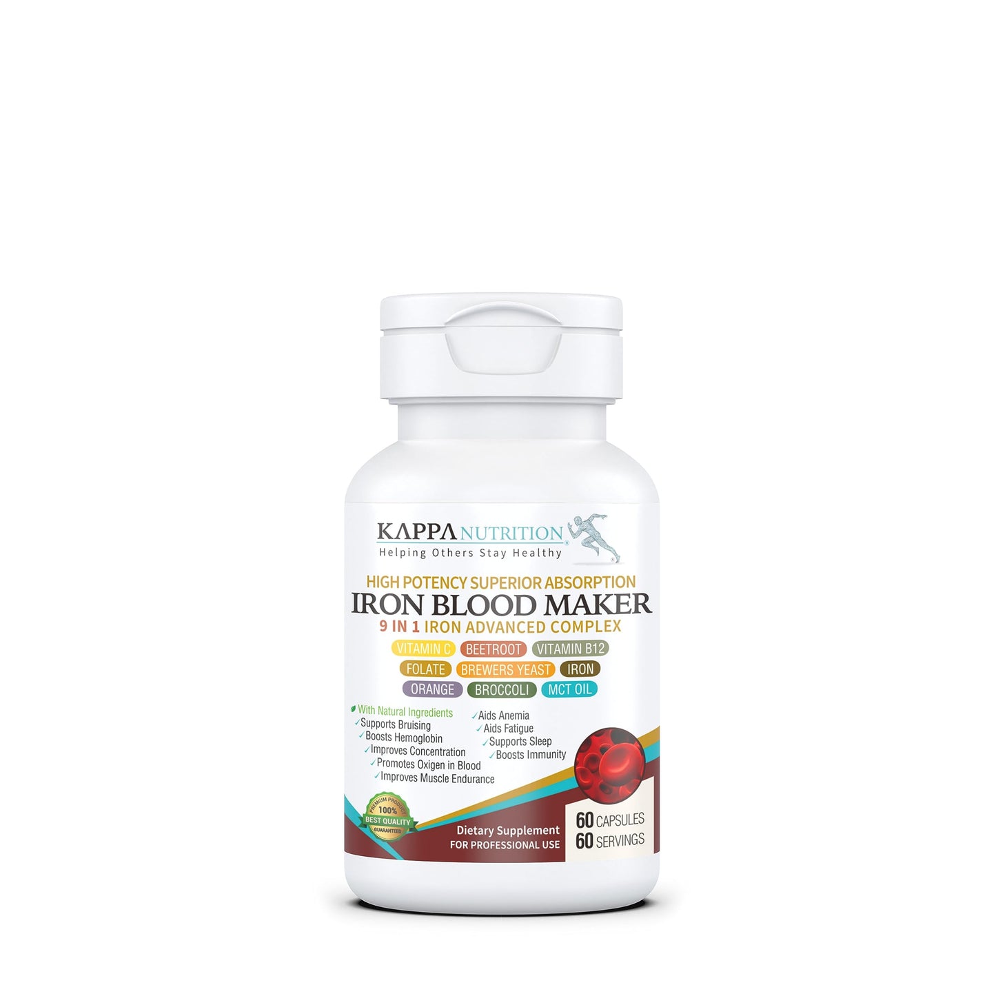 KAPPA NUTRITION Iron 26mg, Vitamin C & Orange 150mg, Folate 667mcg DFE, Vitamin B12, Beetroot, Brewers Yeast, Broccoli & MCT Oil 9 in 1 Advanced Complex (60 Capsules) KAPPA NUTRITIONBuy Supplements Australia