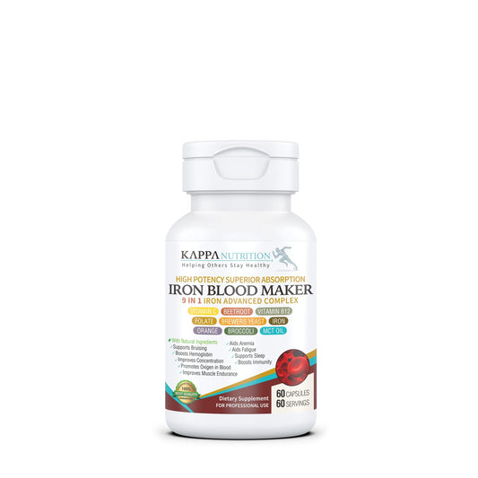 KAPPA NUTRITION Iron 26mg, Vitamin C & Orange 150mg, Folate 667mcg DFE, Vitamin B12, Beetroot, Brewers Yeast, Broccoli & MCT Oil 9 in 1 Advanced Complex (60 Capsules) KAPPA NUTRITIONBuy Supplements Australia