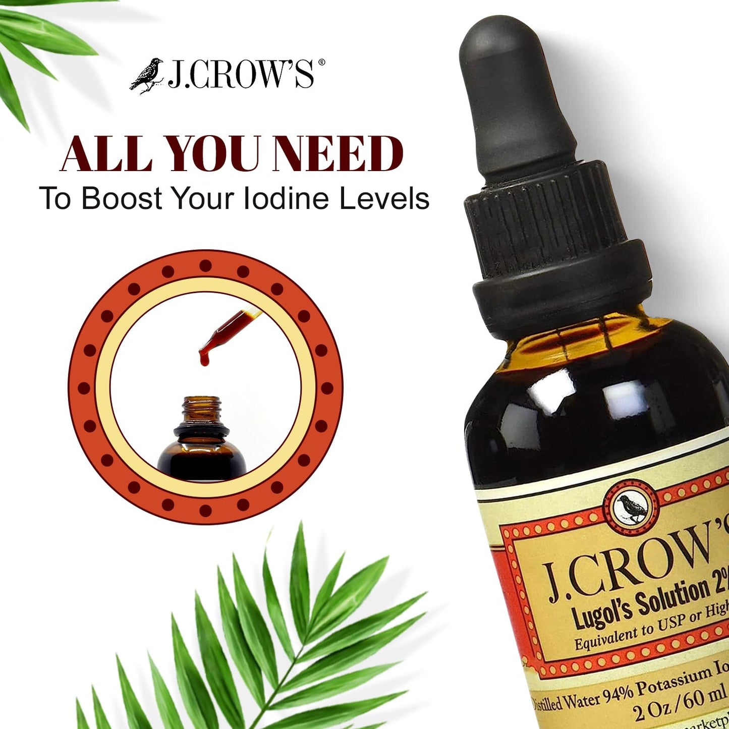 J.CROW'S® Lugol's Solution of Iodine 2% 2 oz (1 Bottle) – Premium Iodine & Potassium Iodide Liquid, Gluten & Alcohol-Free Natural Brine Extract, No Expiration - 1200 Drops J. CROW'S buy supplements Au