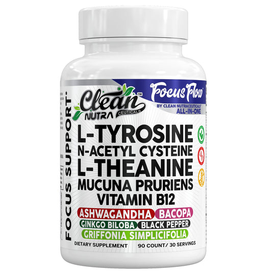Focus Flow L-Tyrosine Vitamin B C D L-Theanine Ashwagandha Ginkgo Biloba Vitamin B12 Thiamine Black Pepper N-Acetylcysteine Mucuna Pruriens 90 Count Capsules by Clean Nutra Clean NutraceuticalsBuy Supplements Australia