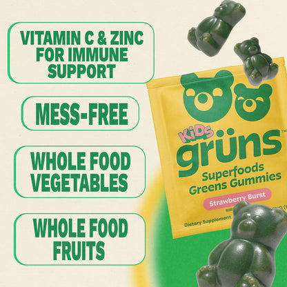 Gruns Multivitamin for Kids, Super Greens Gummies, Superfood Gummy Bears with 20+ Vitamins & Minerals, Spirulina, Chlorella, Alfalfa, Prebiotics Fiber for Digestive Health