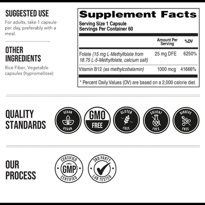 L Methyl Folate 15mg Plus Methyl B12 Cofactor – High Potency, Active 5-MTHF Form - Supports Mood, Methylation, Cognition