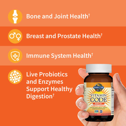 Garden of Life Vitamin D, Vitamin Code Raw D3, Vitamin D 2,000 IU, Raw Whole Food D3 Supplements with Chlorella, Fruit, Veggies & Probiotics