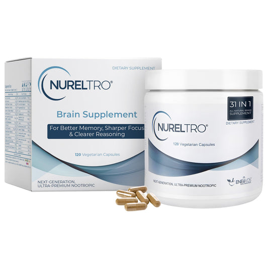Nureltro brain supplement packaging with container and capsules on a white background