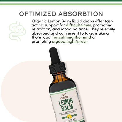 Double Wood Supplements Organic Lemon Balm Tincture - for Digestion & Relaxation 590mg - 2FL OZ, 120 Servings