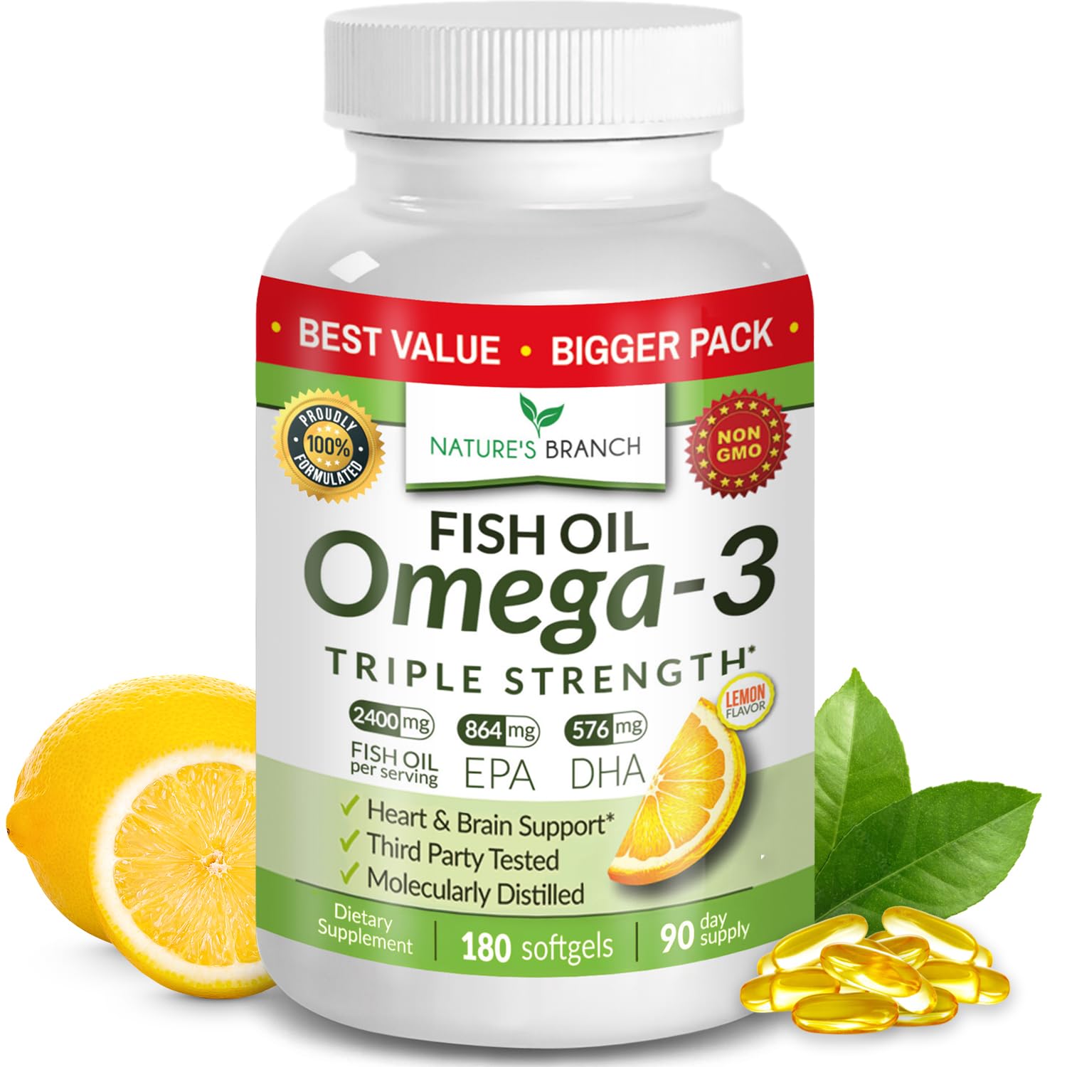 Triple Strength Omega 3 Fish Oil Supplements 2400mg | 180 Capsules, Burpless High Potency Lemon Flavor, High EPA DHA for Men & Women Ultra Pure Softgels | Joint Support, Eyes, Heart Brain Health Pills NATURE'S BRANCHBuy Supplements Australia