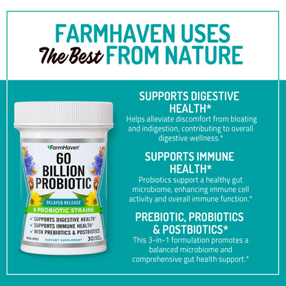 FarmHaven 60 Billion CFU Probiotic - 8 Probiotic Strains - Prebiotics & Postbiotics - Supports Digestive & Immune Health - Delayed Release - Shelf Stable - Non-GMO, Gluten Free - 30 Caps FarmHavenBuy Supplements Australia