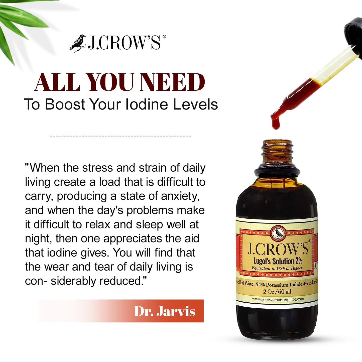 J.CROW'S® Lugol's Solution of Iodine 2% 2 oz (1 Bottle) – Premium Iodine & Potassium Iodide Liquid, Gluten & Alcohol-Free Natural Brine Extract, No Expiration - 1200 Drops J. CROW'S buy supplements Au