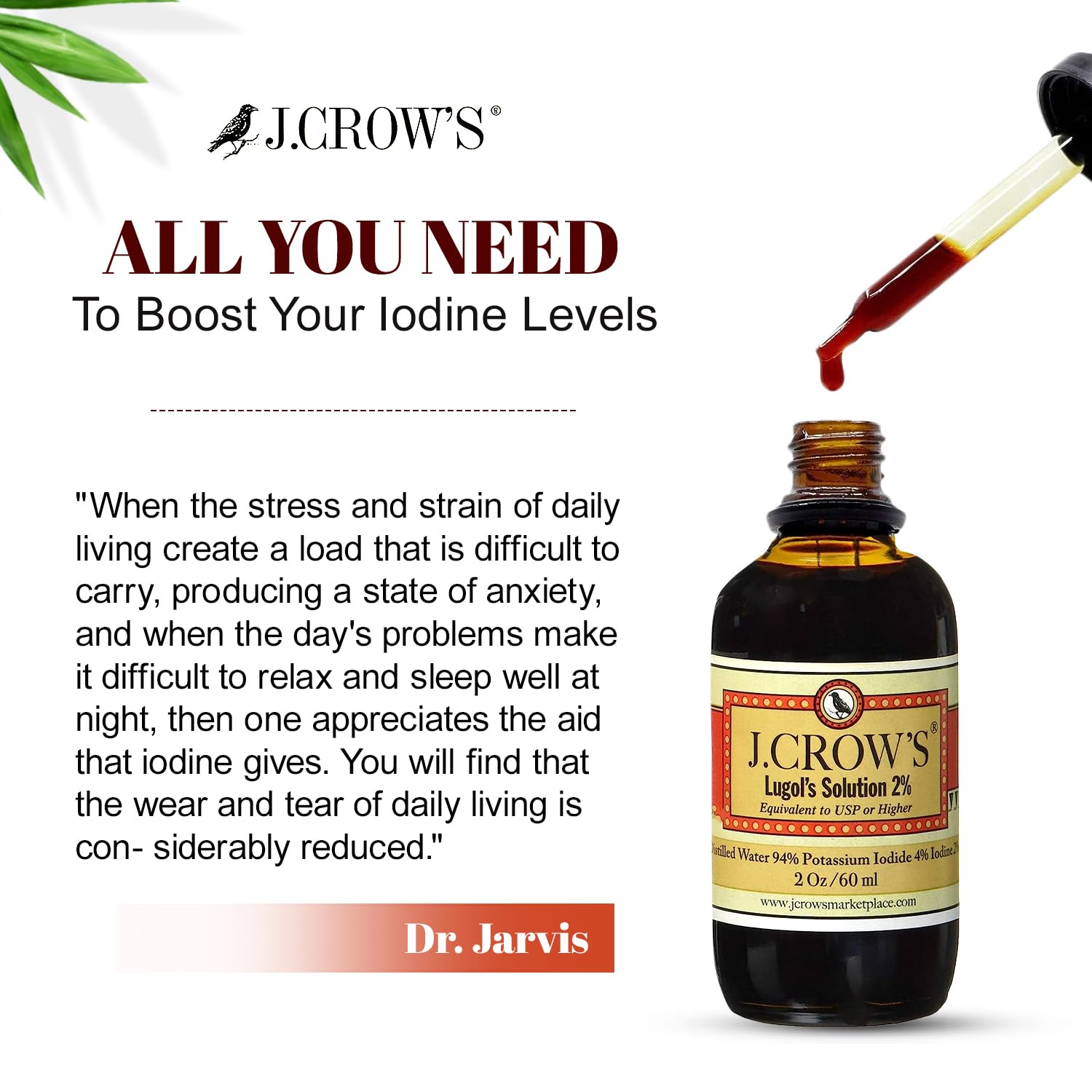 J.CROW'S® Lugol's Solution of Iodine 2% 2 oz (1 Bottle) – Premium Iodine & Potassium Iodide Liquid, Gluten & Alcohol-Free Natural Brine Extract, No Expiration - 1200 Drops J. CROW'S buy supplements Au