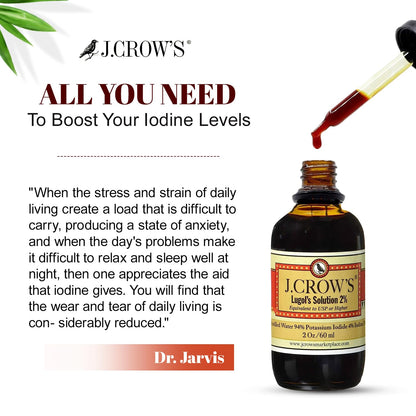 J.CROW'S® Lugol's Solution of Iodine 2% 2 oz (1 Bottle) – Premium Iodine & Potassium Iodide Liquid, Gluten & Alcohol-Free Natural Brine Extract, No Expiration - 1200 Drops J. CROW'S buy supplements Au