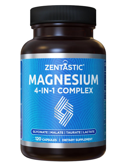 Supplement bottle labeled 'Zentastic Magnesium 4-in-1 Complex' on a white background