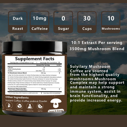 Suiyilary 10 Mushroom Coffee with Arabica w, Lion's Mane, Reishi, Mushroom Polysaccharides & More, Instant Mushrooms Powder for Focus, Immunity Boost,