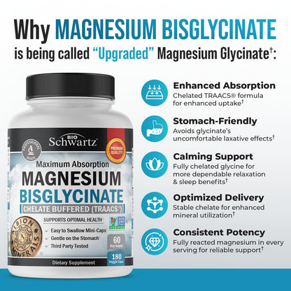 Magnesium Bisglycinate Chelated Supplement - High Absorption Magnesium Glycinate Supplement for Women and Men - Sleep, Muscle, Bone & Joint Support - Non-GMO, Non-Laxative Chelate - 180 Capsules BioSchwartzBuy Supplements Australia