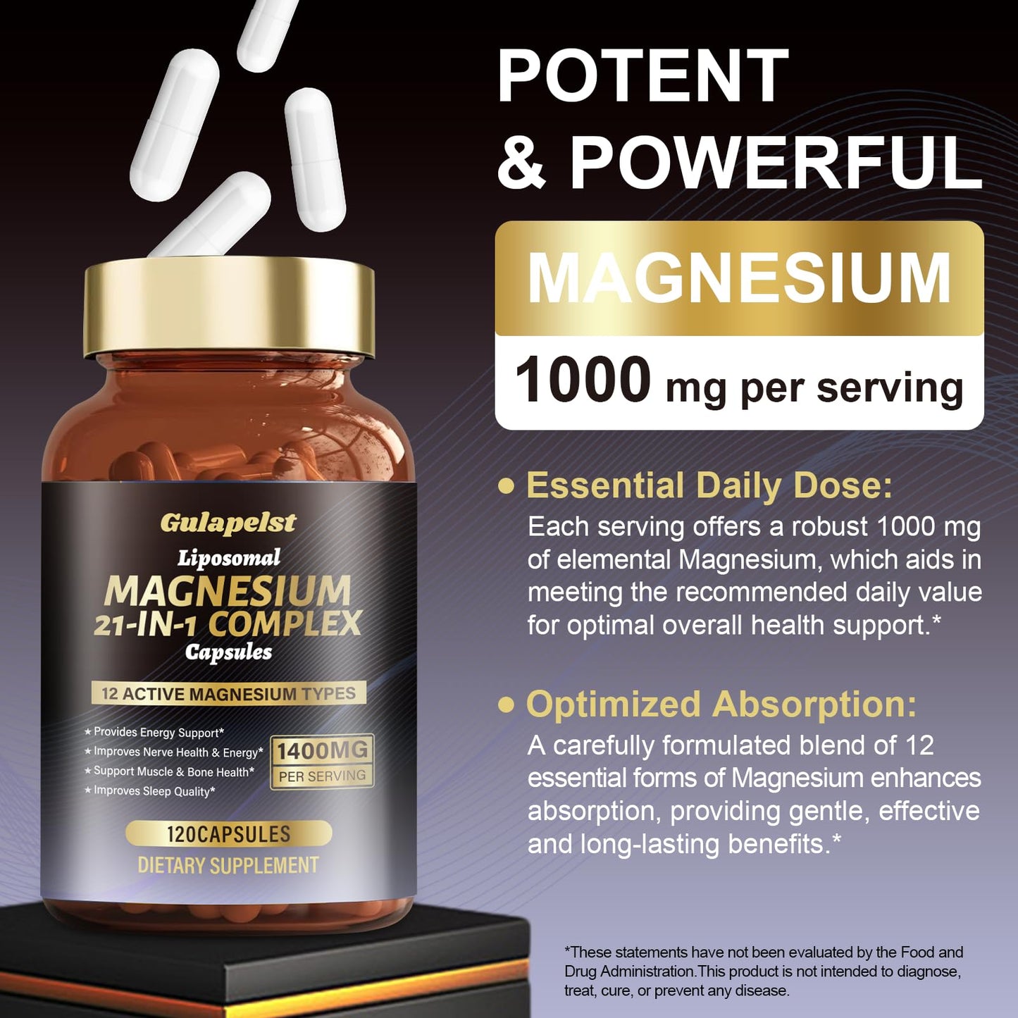 21 in 1 Liposomal 1400mg Magnesium Complex (Citrate, Glycinate, Malate etc) Capsule - 12 Active Types Magnesium with Vitamin D3, B6, B12, C, Ashwagandha & CoQ10 for Women & Men - Support Bone & Muscle Gulapelst buy supplements Au