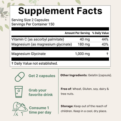 Pure Magnesium Glycinate 1,000mg, 300 Capsules | 100% Chelated for Max Absorption | Enhanced with Vitamin C | Only Uses Active Ingredients Micro IngredientsBuy Supplements Australia