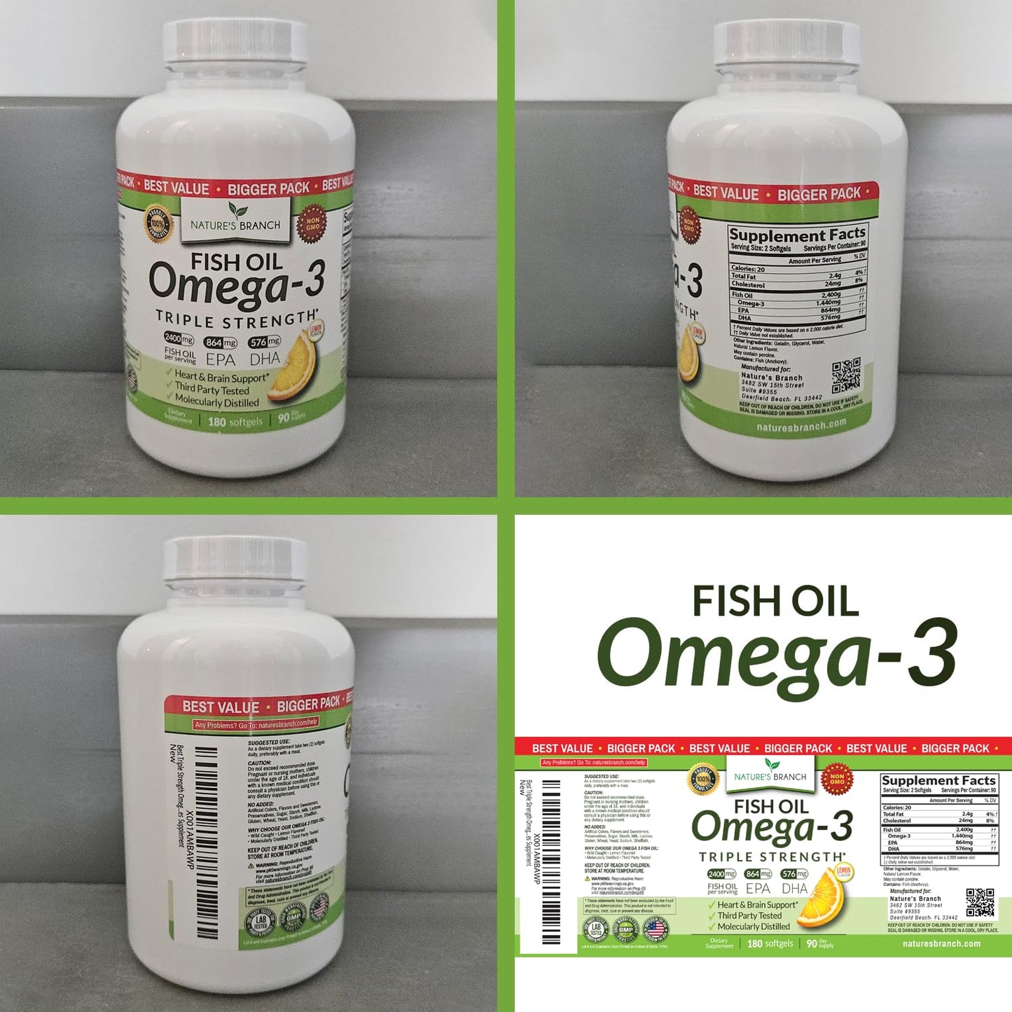 Triple Strength Omega 3 Fish Oil Supplements 2400mg | 180 Capsules, Burpless High Potency Lemon Flavor, High EPA DHA for Men & Women Ultra Pure Softgels | Joint Support, Eyes, Heart Brain Health Pills NATURE'S BRANCHBuy Supplements Australia