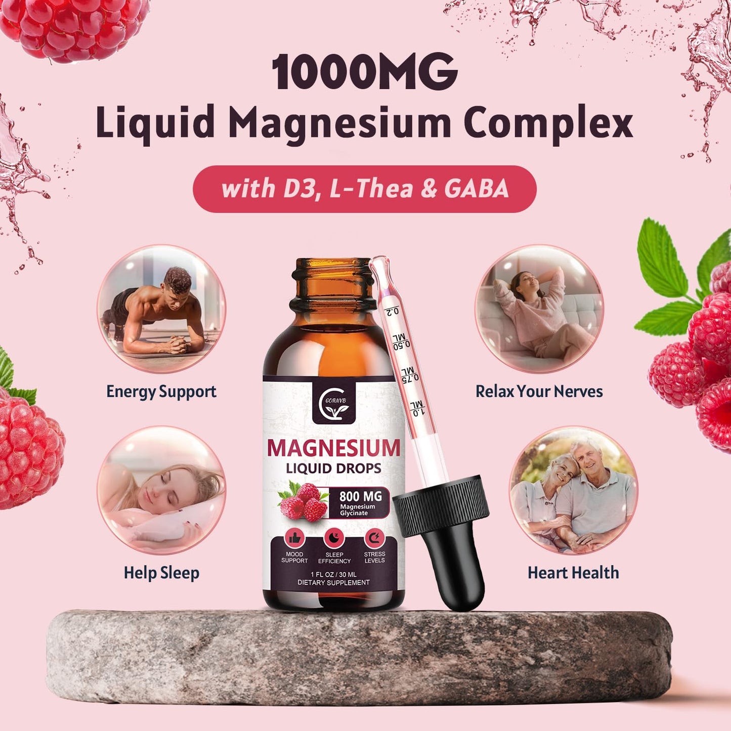 (2 Pack) Magnesium Glycinate Liquid Drops | 1000mg Liquid Magnesium Complex with D3, L-Thea & GABA for Energy, Sleep, Nerve and Heart Health, High Absorption, Raspberry Flavor GORNVBBuy Supplements Australia