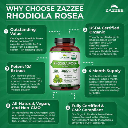 Zazzee USDA Organic Rhodiola 10:1 Extract, 120 Capsules, 4 Month Supply, Rhodiola Rosea, Energy, Stress & Mental Focus Support, Concentrated 10X Extract