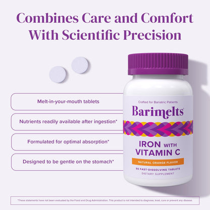 Barimelts Iron with Vitamin C, 90 Fast-Dissolving Tablets (1-Month Supply), Sugar-Free Bariatric Iron Supplement for Women, Natural Orange Flavor