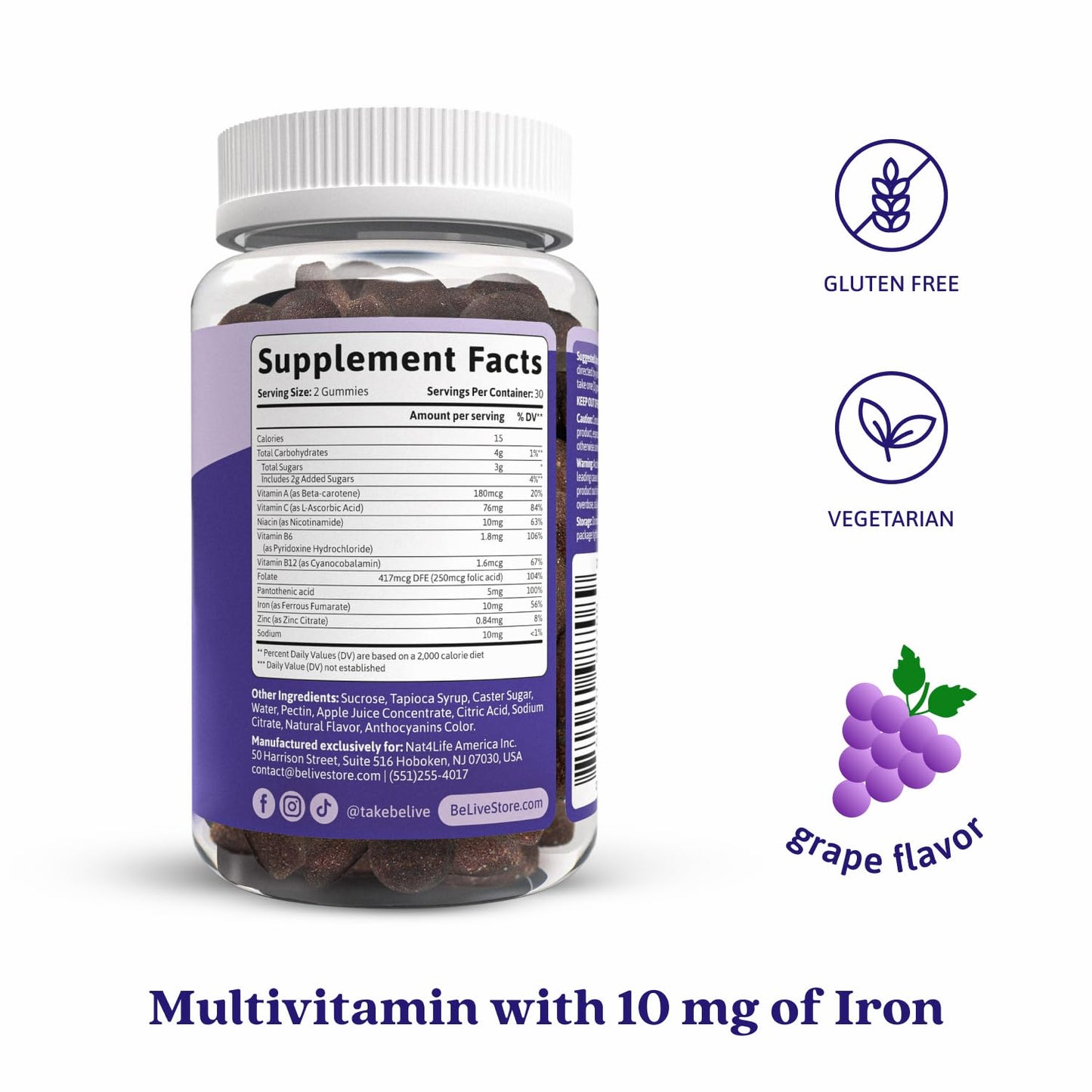BeLive Iron Gummies - Multivitamin Supplement with Vitamin C, A, B & Zinc, Supports Blood Oxygen, Vegan Iron Supplements for Women, Men & Kids