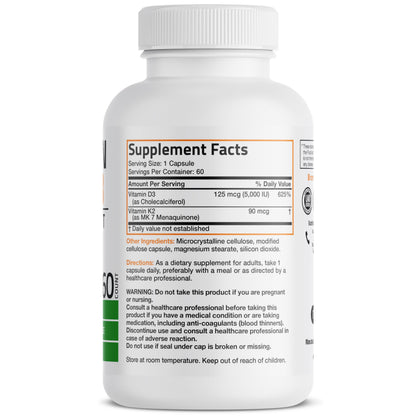 Bronson Vitamin K2 D3 (MK7) Supplement Non-GMO Formula Vitamin D3 5000IU (125 mcg) & 90 mcg K2 MK-7