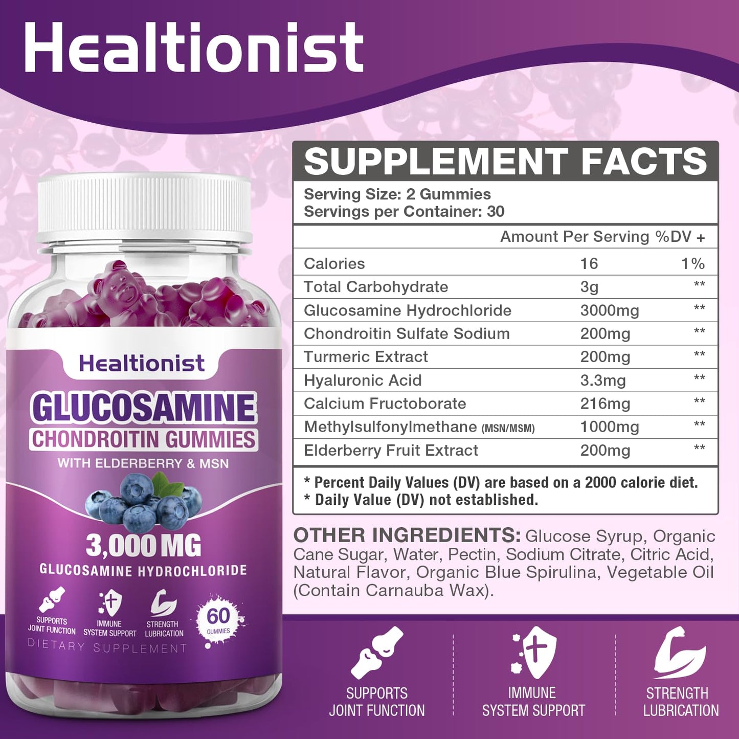 Healtionist 2 Packs 3000mg Glucosamine Chondroitin Gummies with MSM & Elderberry