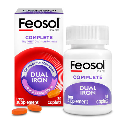 Feosol Complete Iron Supplement Caplets, Bifera Iron for High Absorption, Heme and Non-Heme Dual Action Minimizes Side Effects, 1 Per Day