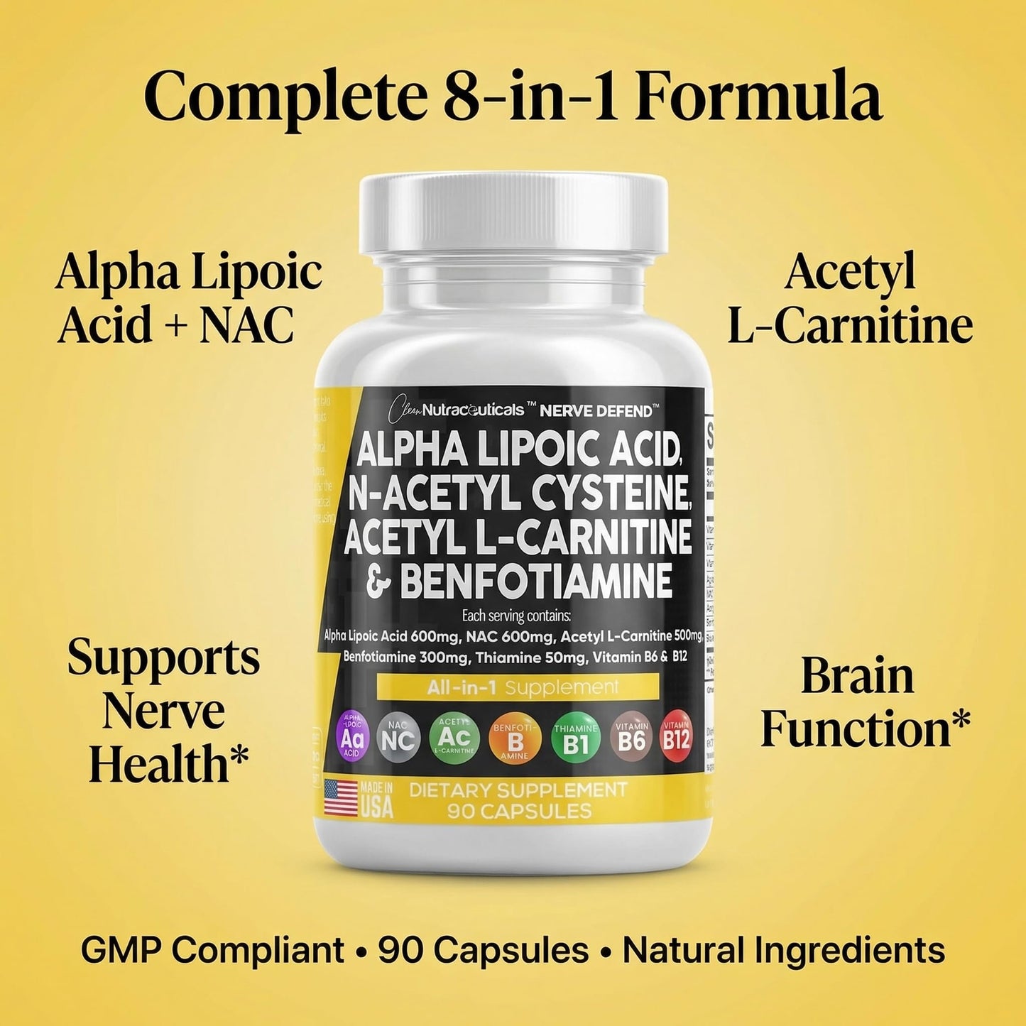 Alpha Lipoic Acid 600mg N-Acetyl Cysteine 600mg Acetyl L-Carnitine 500mg Benfotiamine 300mg - Nerve Support Supplement for Women and Men with Vitamin B1 B6 & B12 - Made in USA 90 Caps Clean NutraceuticalsBuy Supplements Australia