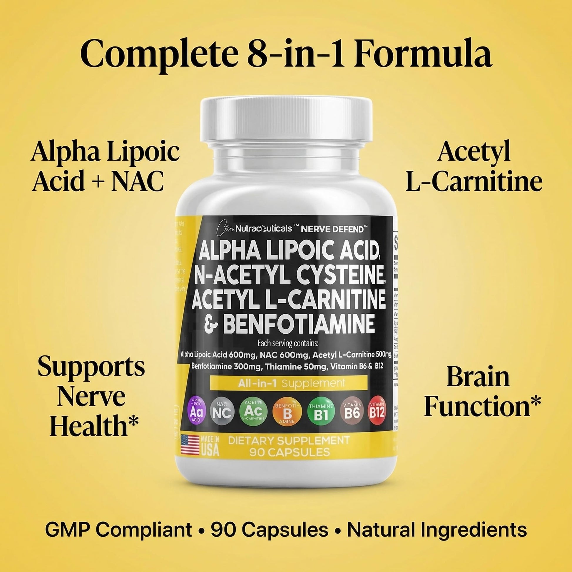 Alpha Lipoic Acid 600mg N-Acetyl Cysteine 600mg Acetyl L-Carnitine 500mg Benfotiamine 300mg - Nerve Support Supplement for Women and Men with Vitamin B1 B6 & B12 - Made in USA 90 Caps Clean NutraceuticalsBuy Supplements Australia
