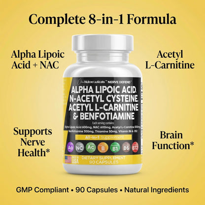 Alpha Lipoic Acid 600mg N-Acetyl Cysteine 600mg Acetyl L-Carnitine 500mg Benfotiamine 300mg - Nerve Support Supplement for Women and Men with Vitamin B1 B6 & B12 - Made in USA 90 Caps Clean NutraceuticalsBuy Supplements Australia