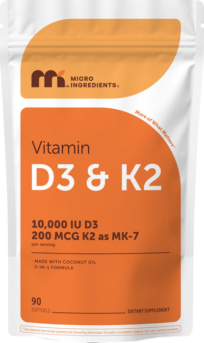 Micro Ingredients Vitamin D3 10,000 IU + K2 MK-7 200 mcg Per Serving, 90 Softgels | Extra Strength* 2-in-1 D3 K2 Supplement