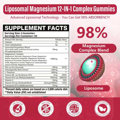 2 Packs Liposomal Magnesium Complex Gummies-as 12 Forms of Magnesium Citrate,Glycinate,Malate,Oxide,and More with Vitamin D3, B6,C, Ashwagandha & CoQ10 for Women and Men