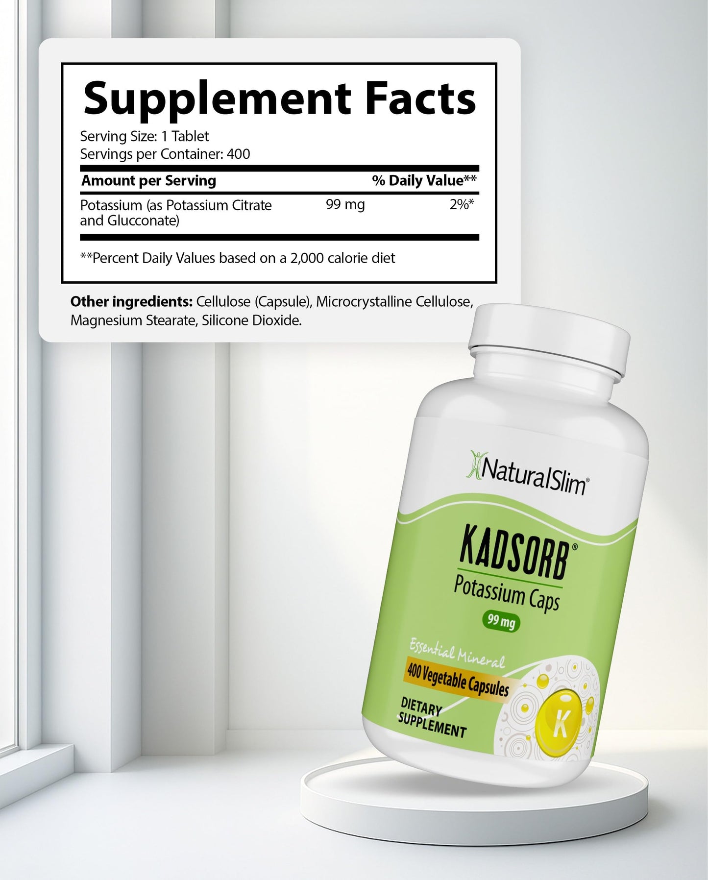 NaturalSlim Natural Potassium Citrate Gluconate 99 mg - Kadsorb Supports Electrolyte Balance & Normal pH - Absorbable Potassium Supplements