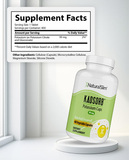 NaturalSlim Natural Potassium Citrate Gluconate 99 mg - Kadsorb Supports Electrolyte Balance & Normal pH - Absorbable Potassium Supplements