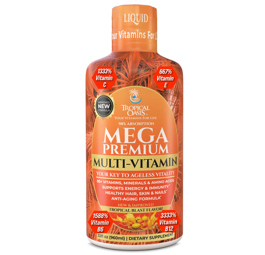 Mega Premium Liquid Multivitamin | Natural Immune Support Vitamin w/ 1333% Vitamin C, 200% D3, Zinc + 20 Vitamins, 70 Minerals, & 21 Amino Acids | Sugar Free | Orange Flavor | 98% Absorption | 32 Serv Tropical Oasis buy supplements Au