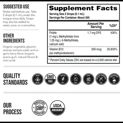 Organic Methyl Folate 1000 mcg + Methyl B12 Cofactor (300 Servings) – Metabolically Active 5-MTHF Form, Organic Berry Flavor