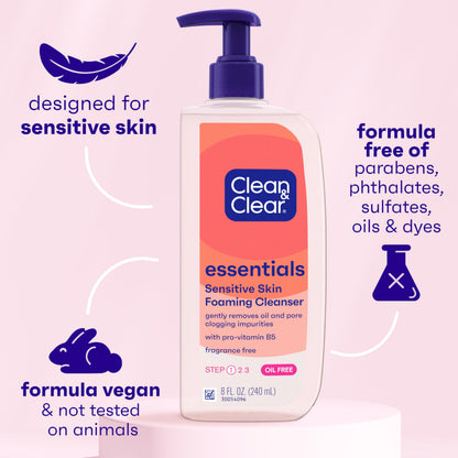 Clean & Clear Essentials Oil-Free Foaming Facial Cleanser, Daily Foaming Face Wash with Pro-Vitamin B5 for Sensitive Skin
