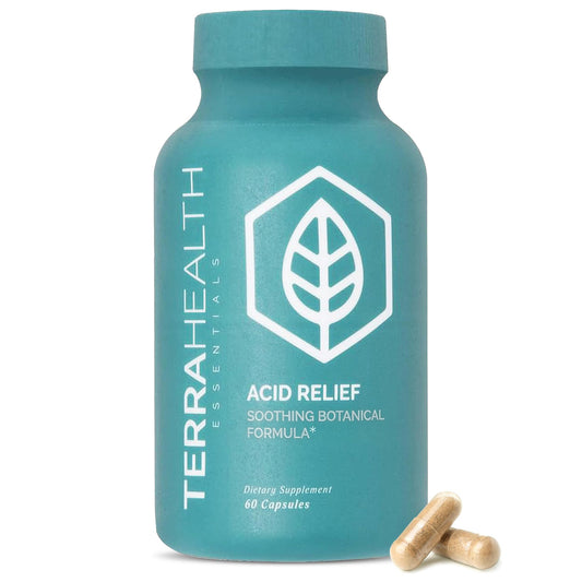 Terra Health Essentials Acid Relief - Plant Based Digestive Support Supplement for Comfortable Gut Function - Lemon Balm, Slippery Elm, Aloe Vera, DGL Licorice - 60 Capsules Terra Health Essentials buy supplements Au