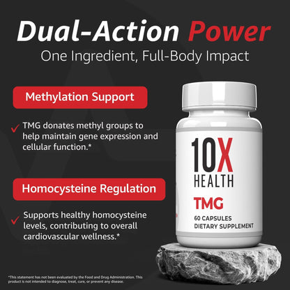 10X Health TMG Supplements - Trimethylglycine Supplement for Liver Support, Heart Wellness, Energy, Homocysteine Levels - TMG Capsules with Betaine Anhydrous