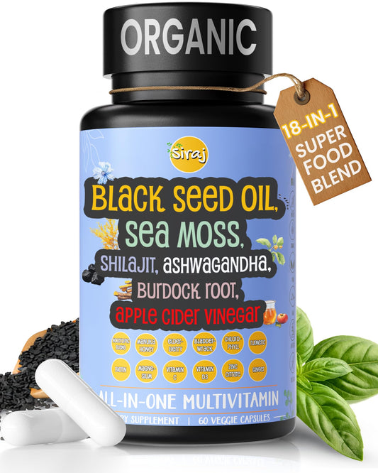 Siraj 18-in-1 Superfood Multivitamin - Irish Sea Moss, Black Seed Oil, Shilajit, Ashwagandha, 5% Thymoquinone, Burdock Root, Nootropic Supplement for Immunity, Focus, Energy and Mood - 60 Capsules SirajBuy Supplements Australia