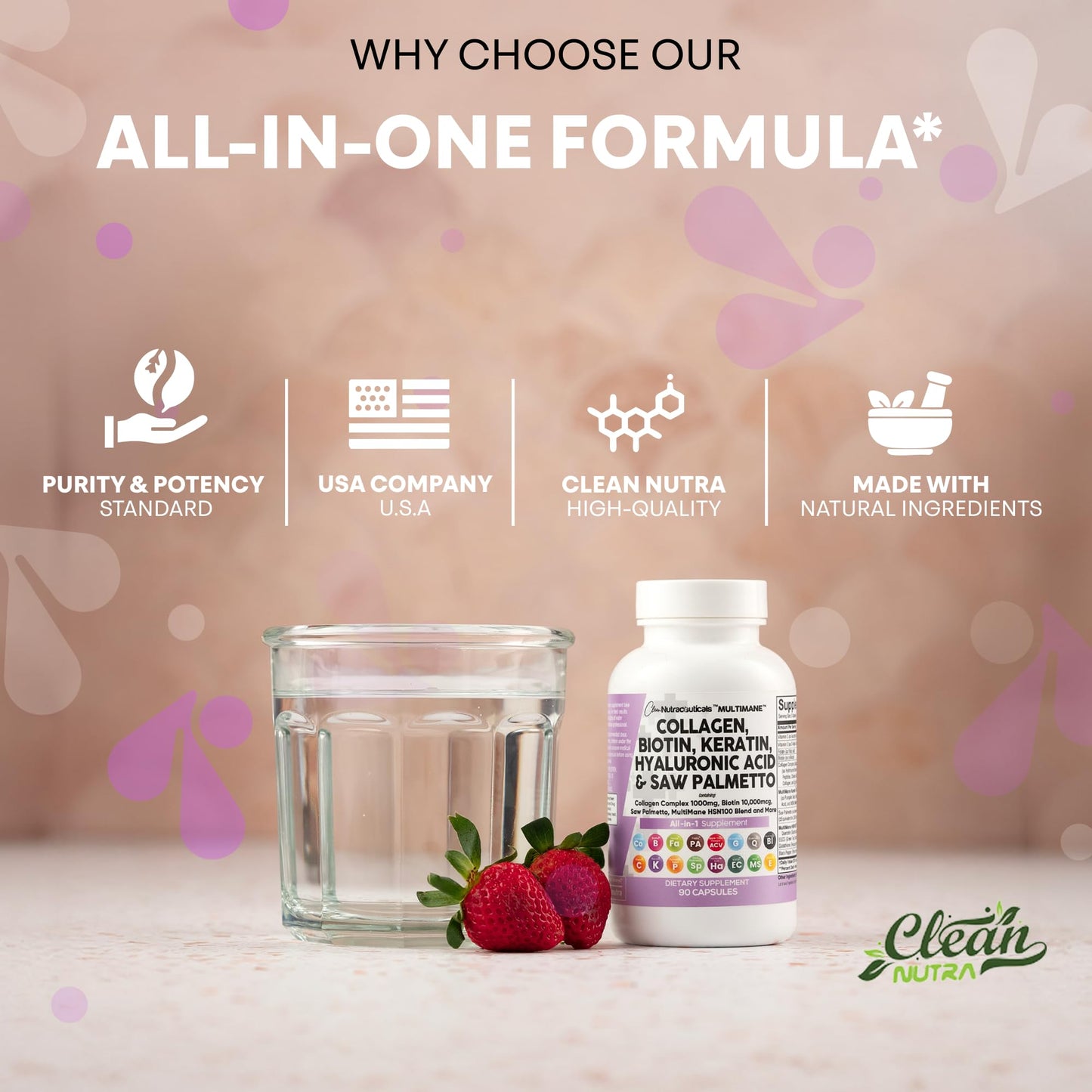 Clean Nutraceuticals Collagen Pills 1000mg Biotin 10000mcg Keratin Saw Palmetto Hyaluronic Acid - Hair Skin & Nails Vitamins & DHT Blocker with Vitamin E Folic Acid