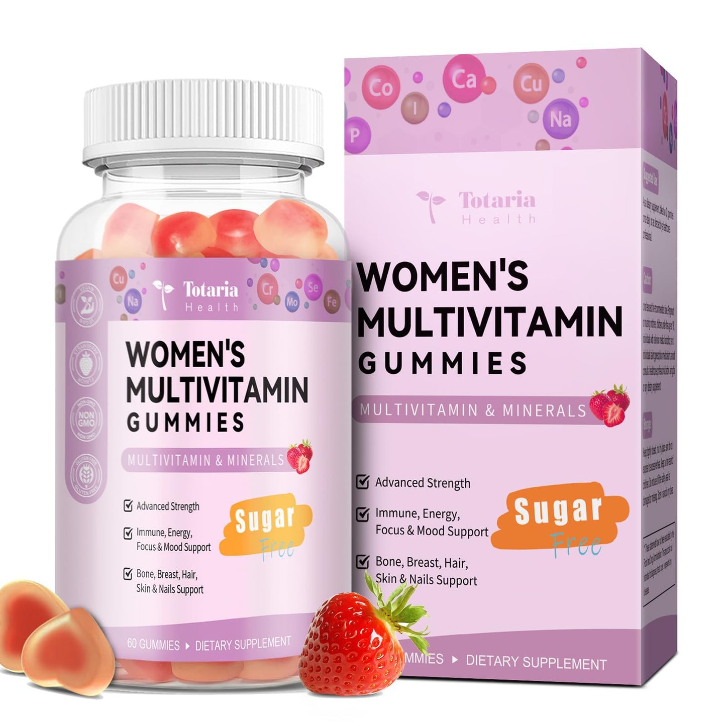 Totaria Sugar Free Multivitamin Gummies for Women 14+ w/Iron, Inositol, Folate, Biotin, Womens Daily Multivitamin Gummy w/Vitamin A, C, B, D3, K2, for Hair, Skin,