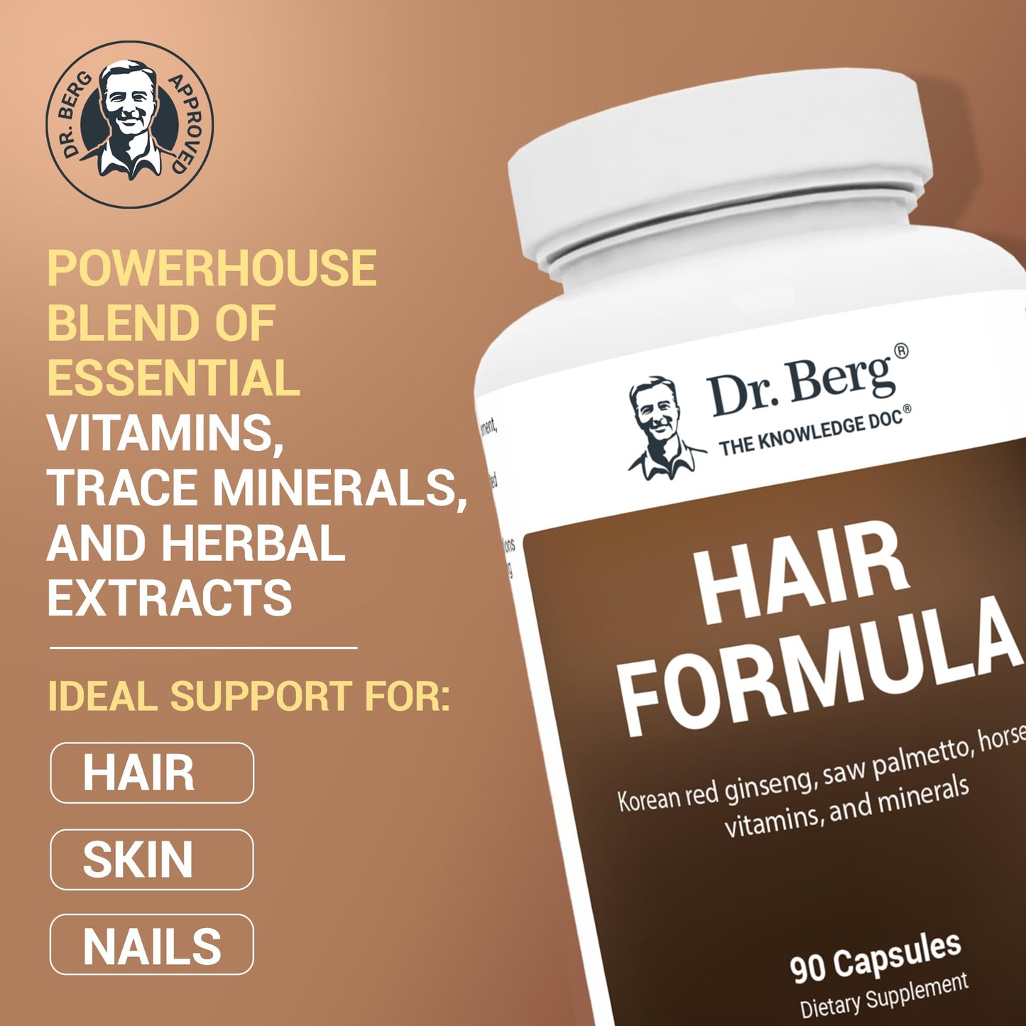 Dr. Berg All-in-One Vitamins for Hair, Skin, & Nails - Advanced Formula with Biotin, Saw Palmetto, DHT Blocker, & Trace Minerals - 90 Veg Capsules