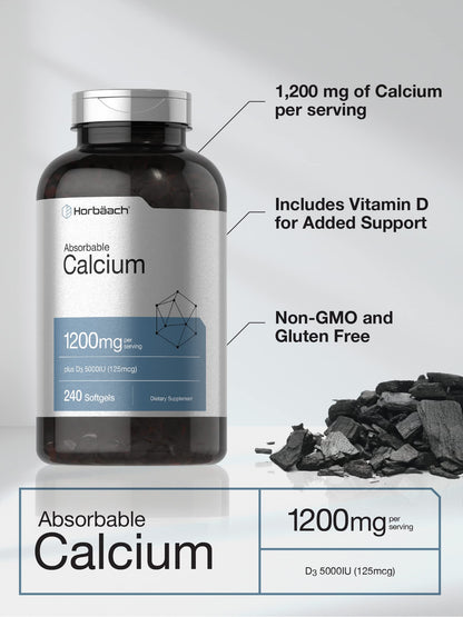 Horbäach Calcium 1200 mg with Vitamin D3 | 240 Softgels | 5000 IU Vitamin D3 | Absorbable Calcium Supplement for Women and Men