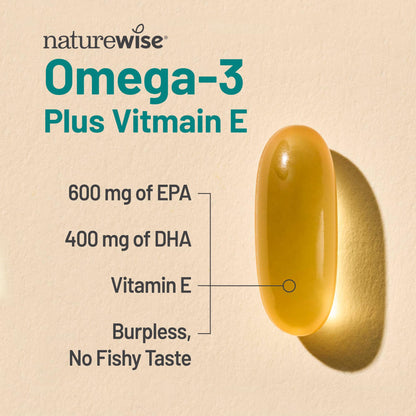 NatureWise Extra-Strength Omega 3 Fish Oil Supplement - 1000mg per Serving - 600 EPA & 400 DHA and Vitamin E - Support for Heart & Brain Health - Lemon Flavor