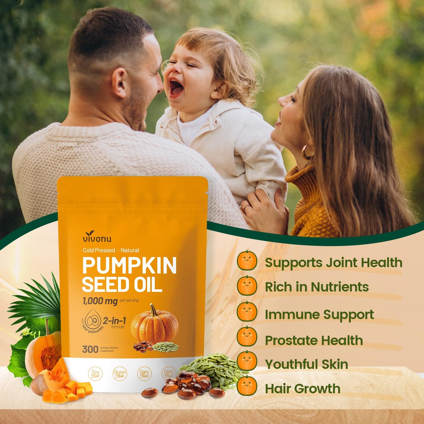 VivoNu Pumpkin Seed Oil with Saw Palmetto Capsules | Cold Pressed, Pure Virgin Oil, Essential Fatty Acids & Phytosterols | 300 SoftgelsSupports Hair, Urinary